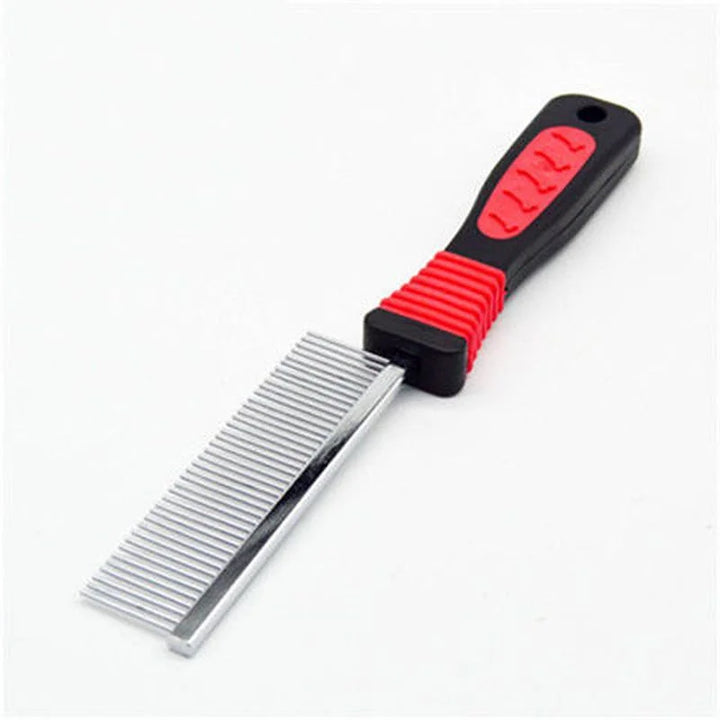 Pets-Shop. A metal pet comb with red and black handle isolated on a white background. Shopets-Amazon.